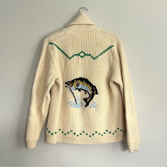 1960’s Tundra Virgin Wool Knit Cardigan fish cozy cabin aesthetic - Picture 2 of 9
